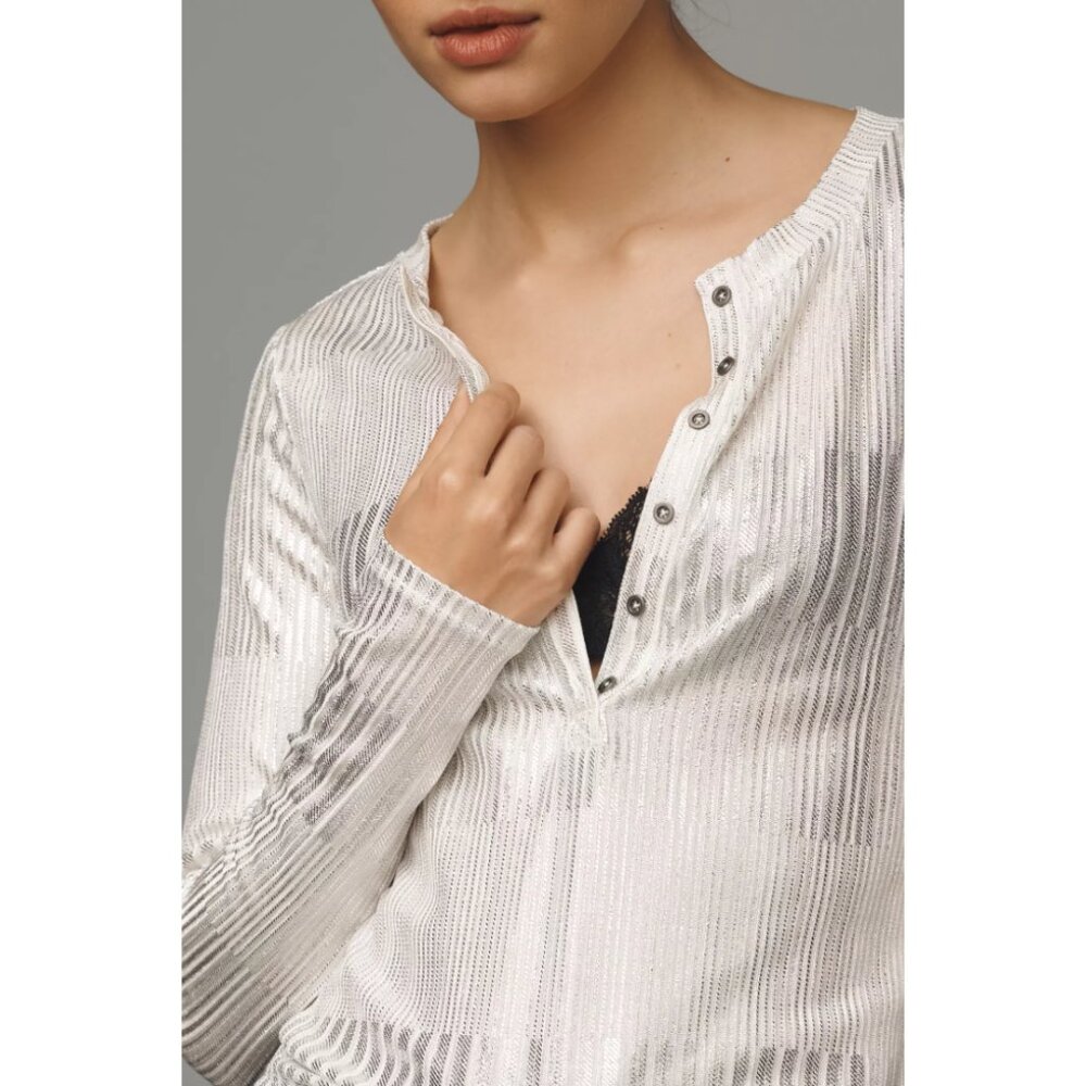 Anthropologie Pilcro The Andie Ribbed Henley Top Shimmer Edition L - Picture 2 of 10